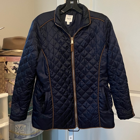 Rafaella Navy Quilted Puffer Jacket with Brown Trim - Picture 1 of 8